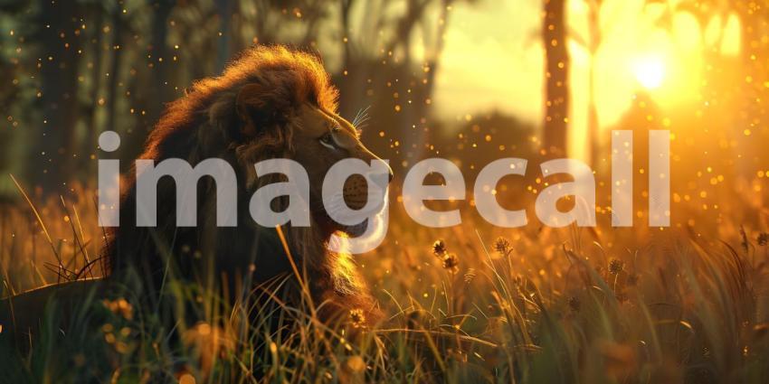 Lion at sunset in the forest background - Ai Generated