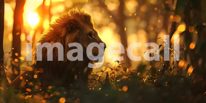 Lion at sunset in the forest background - Ai Generated