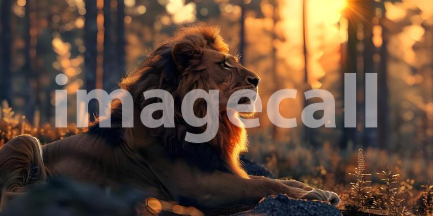 Lion at sunset in the forest background - Ai Generated