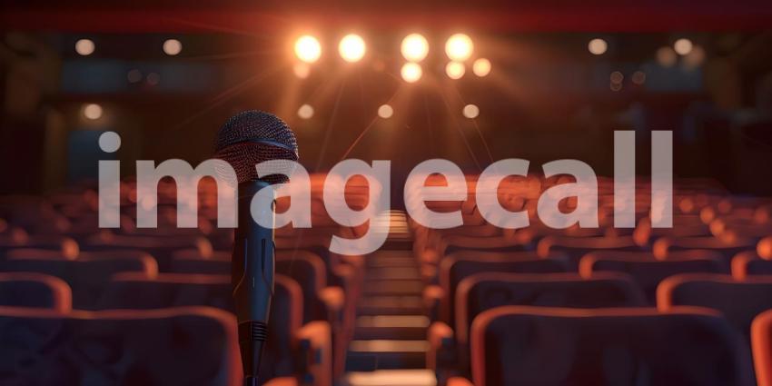 Microphone on a stand is highlighted by a spotlight against a blurred background of an auditorium - Ai Generated