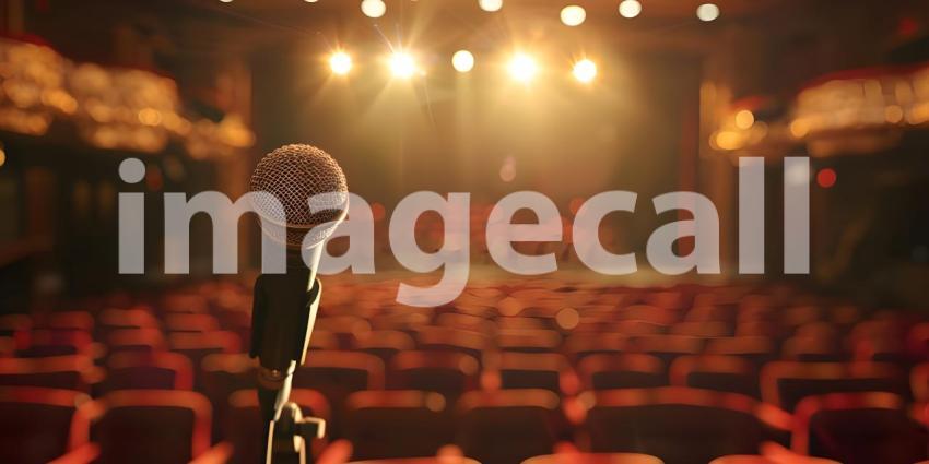 Microphone on a stand is highlighted by a spotlight against a blurred background of an auditorium - Ai Generated