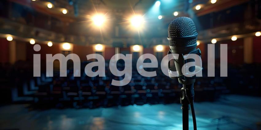 Microphone on a stand is highlighted by a spotlight against a blurred background of an auditorium - Ai Generated