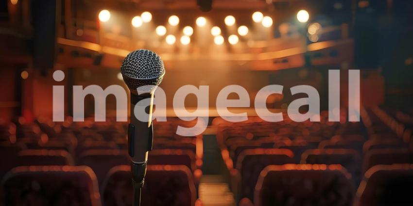 Microphone on a stand is highlighted by a spotlight against a blurred background of an auditorium - Ai Generated