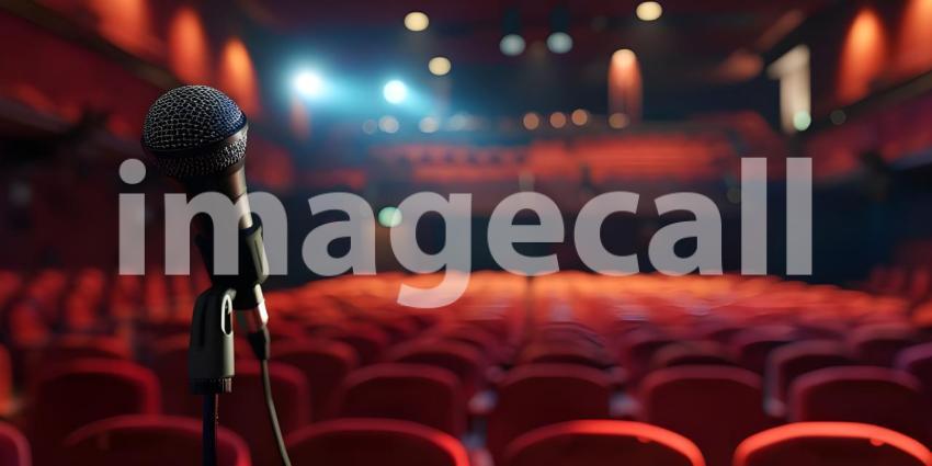 Microphone on a stand is highlighted by a spotlight against a blurred background of an auditorium - Ai Generated