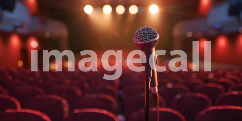 Microphone on a stand is highlighted by a spotlight against a blurred background of an auditorium - Ai Generated