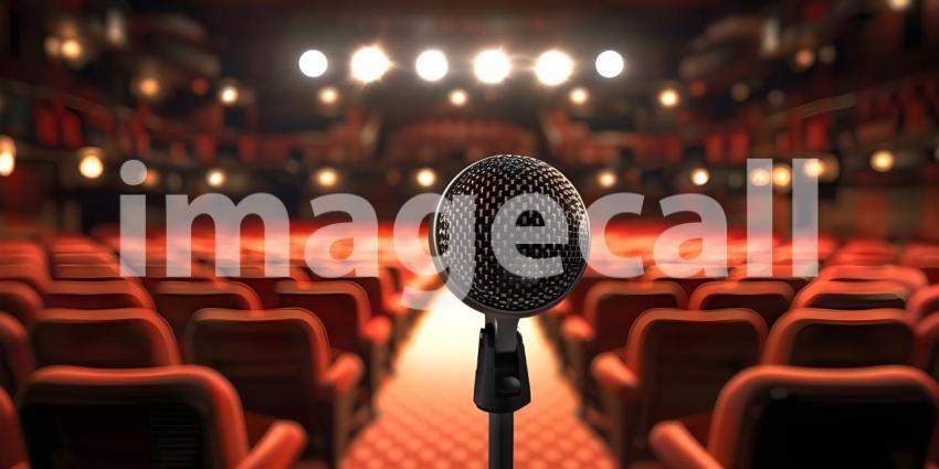 Microphone on a stand is highlighted by a spotlight against a blurred background of an auditorium - Ai Generated