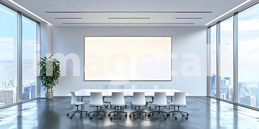 Meeting room interior with empty white mock up frame and panoramic window and city view - Ai Generated