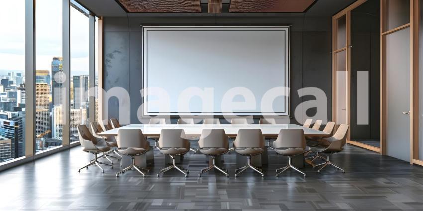 Meeting room interior with empty white mock up frame and panoramic window and city view - Ai Generated