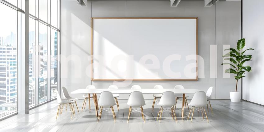 Meeting room interior with empty white mock up frame and panoramic window and city view - Ai Generated