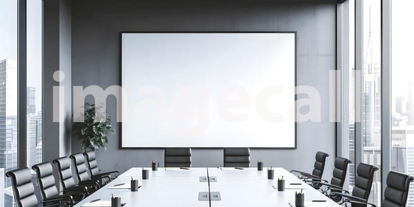 Meeting room interior with empty white mock up frame and panoramic window and city view - Ai Generated