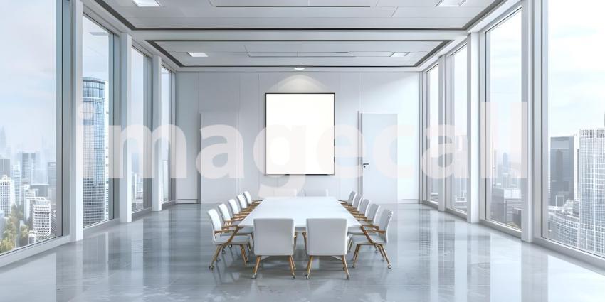 Meeting room interior with empty white mock up frame and panoramic window and city view - Ai Generated