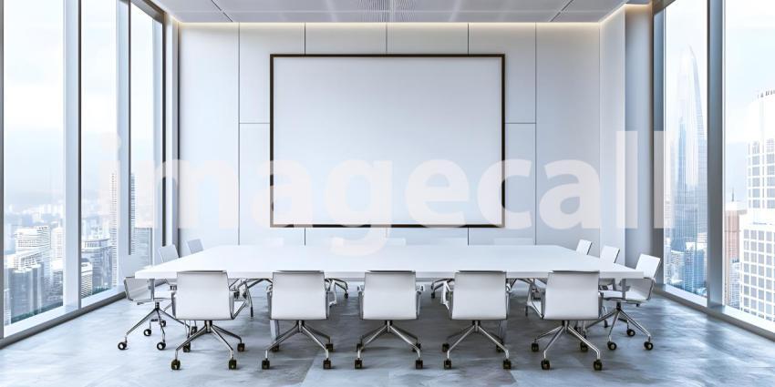 Meeting room interior with empty white mock up frame and panoramic window and city view - Ai Generated