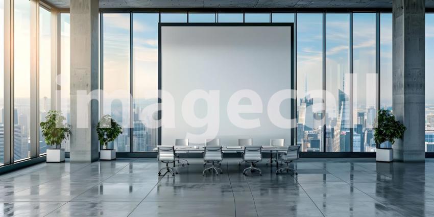 Meeting room interior with empty white mock up frame and panoramic window and city view - Ai Generated