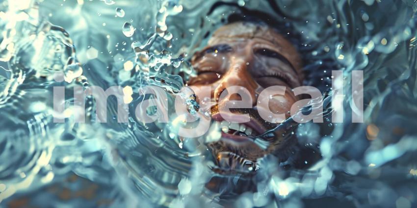 Man is coming up out of the water while smiling background - Ai Generated