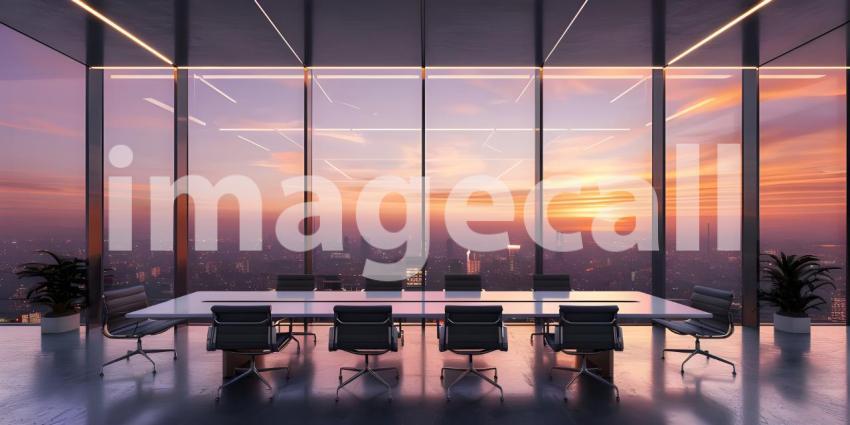 Meeting room interior with empty white mock up frame and panoramic window and city view - Ai Generated
