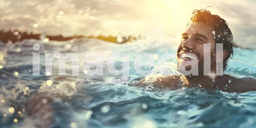 Man is coming up out of the water while smiling background - Ai Generated