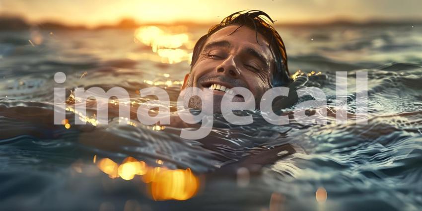 Man is coming up out of the water while smiling background - Ai Generated