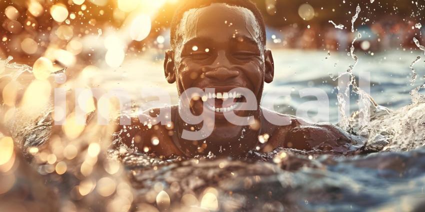 Man is coming up out of the water while smiling background - Ai Generated