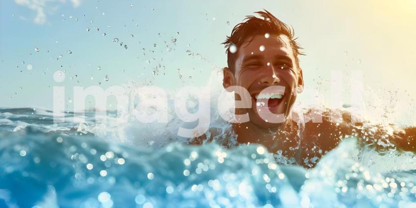 Man is coming up out of the water while smiling background - Ai Generated