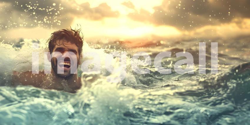 Man is coming up out of the water while smiling background - Ai Generated