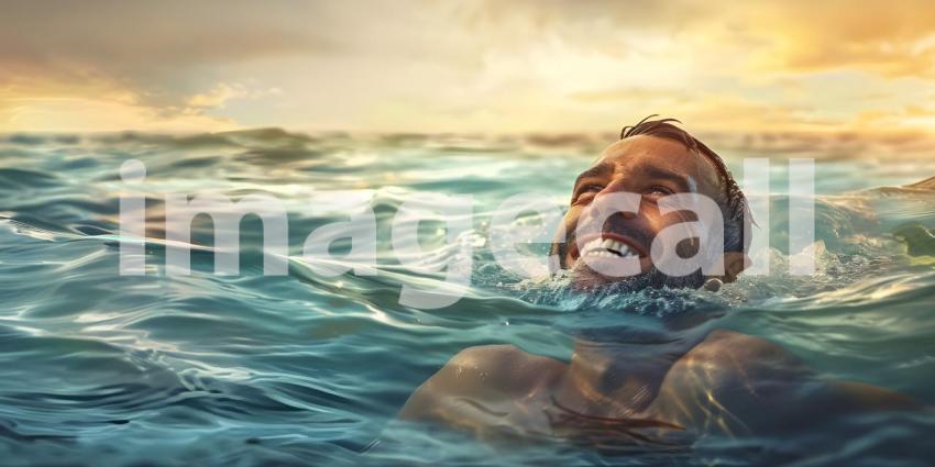 Man is coming up out of the water while smiling background - Ai Generated
