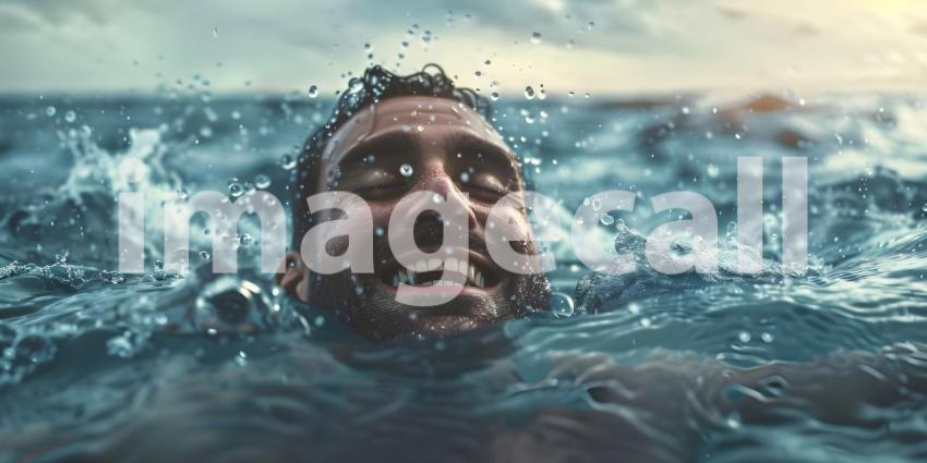 Man is coming up out of the water while smiling background - Ai Generated