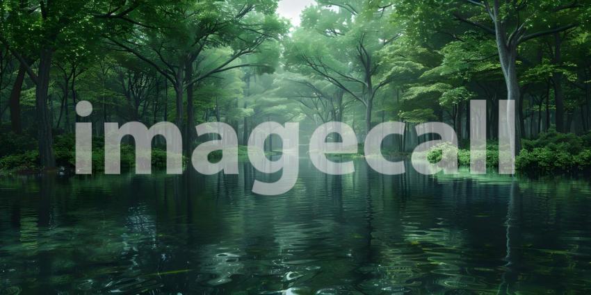 Nature background of green forest with Lake - Ai Generated