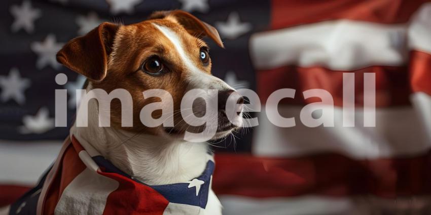 Patriot dog wearing a US flag background - Ai Generated