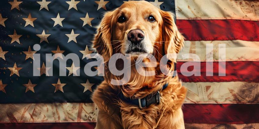 Patriot dog wearing a US flag background - Ai Generated
