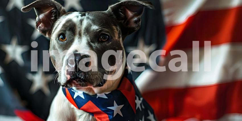 Patriot dog wearing a US flag background - Ai Generated