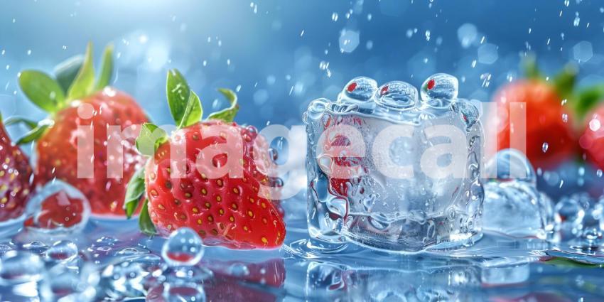 Strawberry and water ice cubes background - Ai Generated