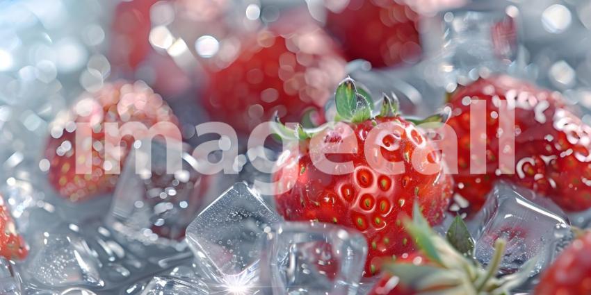 Strawberry and water ice cubes background - Ai Generated