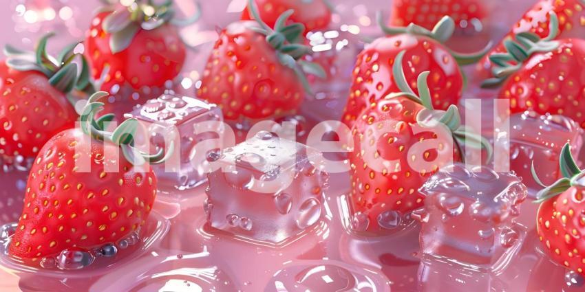 Strawberry and water ice cubes background - Ai Generated