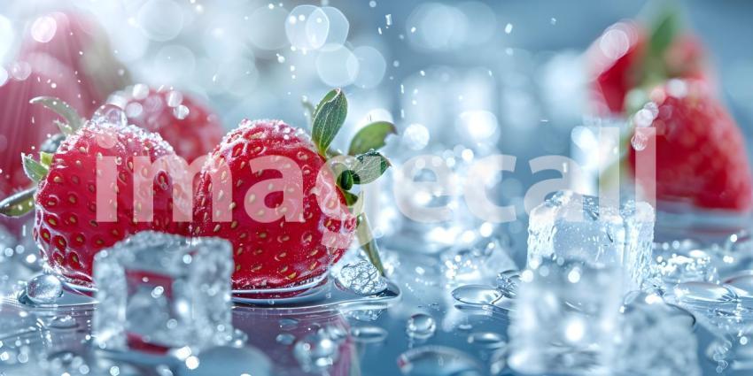 Strawberry and water ice cubes background - Ai Generated