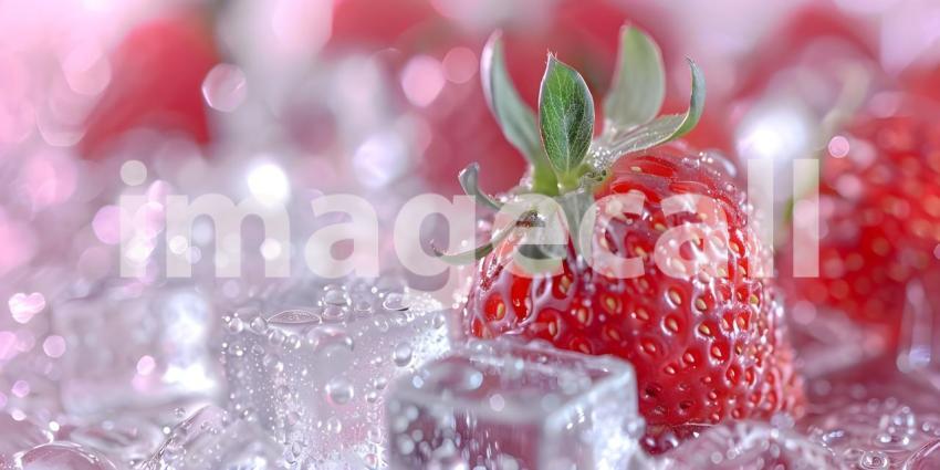 Strawberry and water ice cubes background - Ai Generated