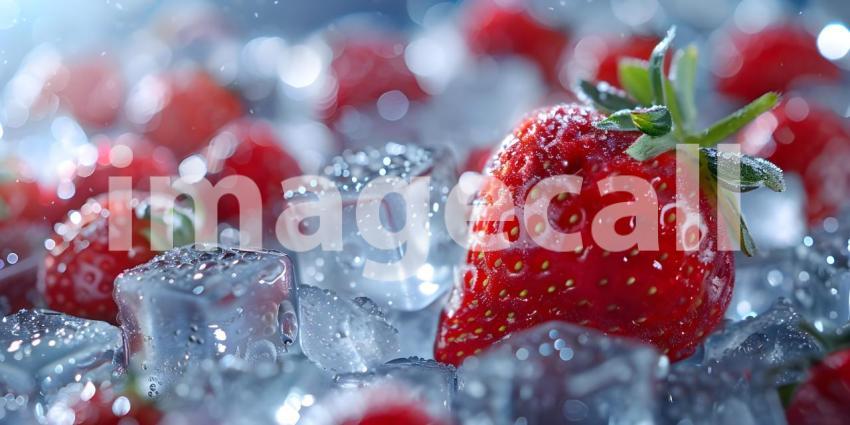 Strawberry and water ice cubes background - Ai Generated