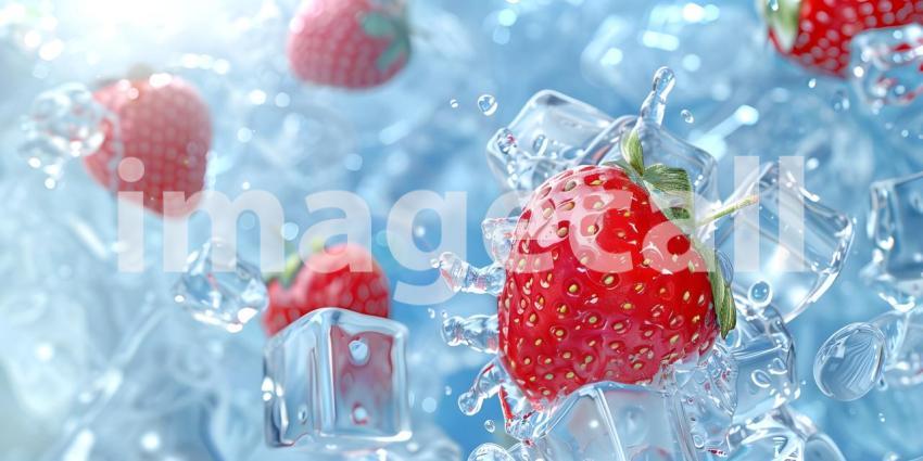 Strawberry and water ice cubes background - Ai Generated