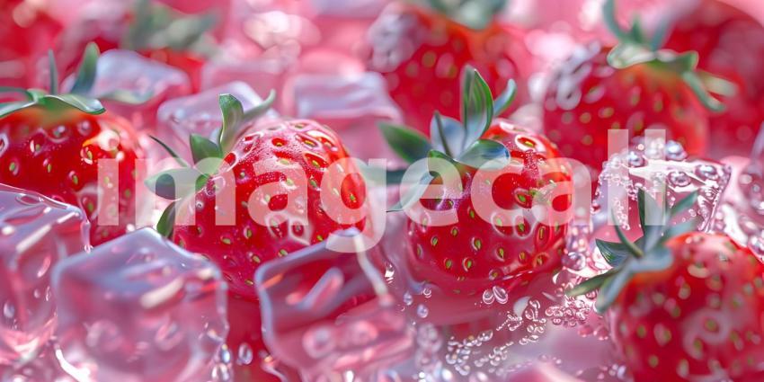 Strawberry and water ice cubes background - Ai Generated