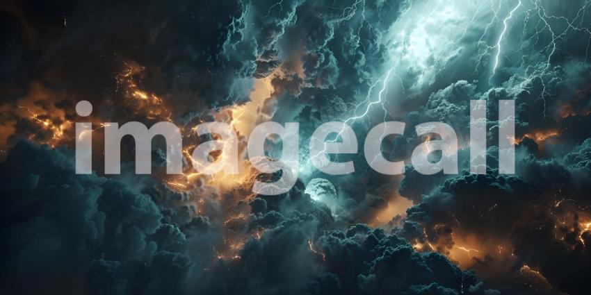 Dramatic Thunderstorm Lightning Sky Background, Electric Thunderstorm Lightning Strike Background - Ai Generated