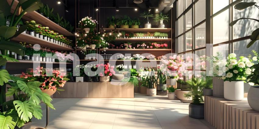 Interior of a modern flower shop background - Ai Generated