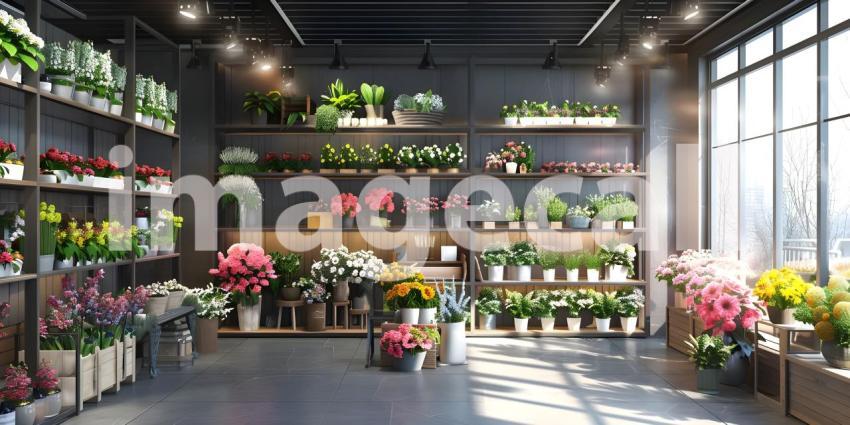 Interior of a modern flower shop background - Ai Generated
