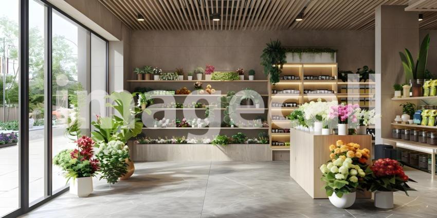 Interior of a modern flower shop background - Ai Generated
