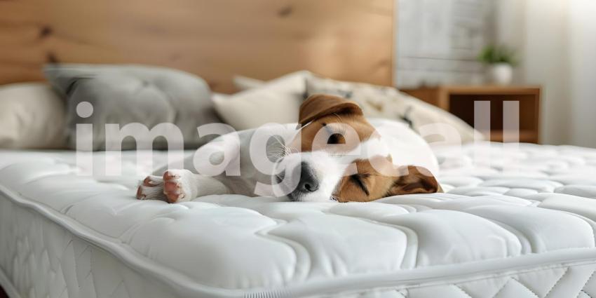 Puppy is sleeping on white mattress hotel room - Ai Generated