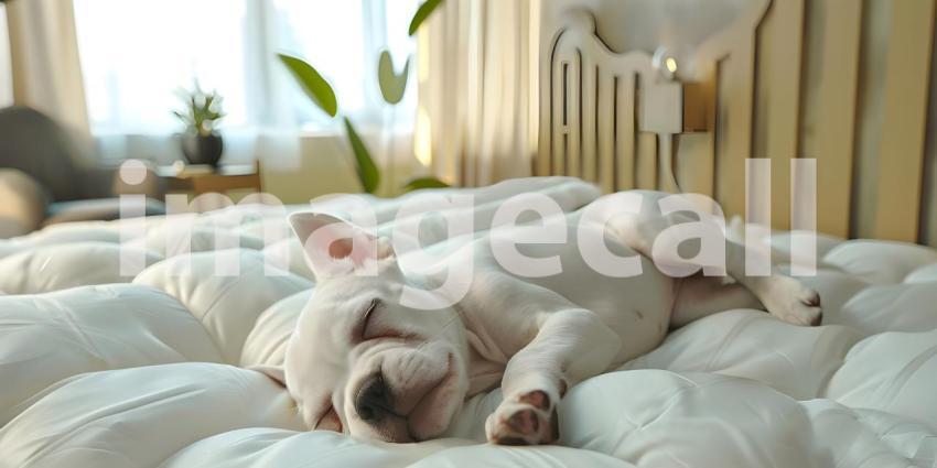 Puppy is sleeping on white mattress hotel room - Ai Generated