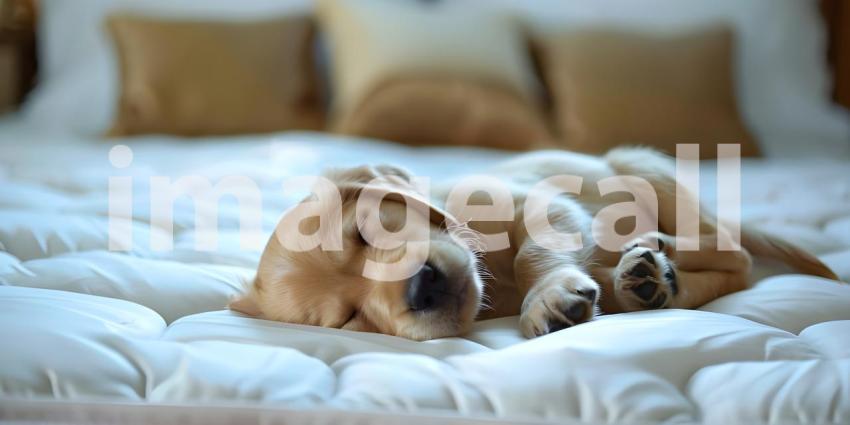Puppy is sleeping on white mattress hotel room - Ai Generated