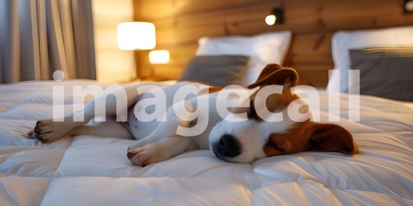 Puppy is sleeping on white mattress hotel room - Ai Generated