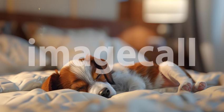 Puppy is sleeping on white mattress hotel room - Ai Generated