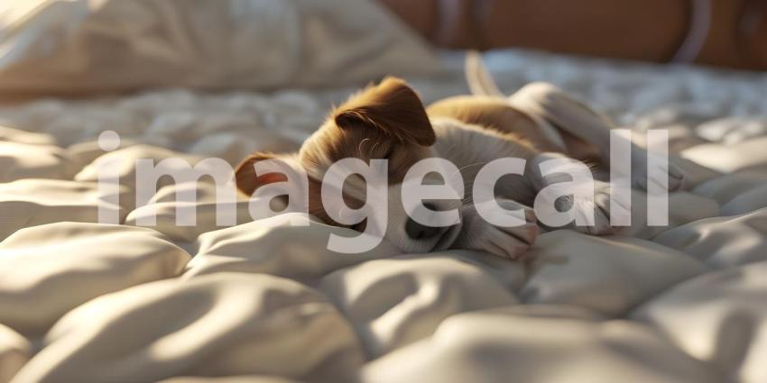 Puppy is sleeping on white mattress hotel room - Ai Generated