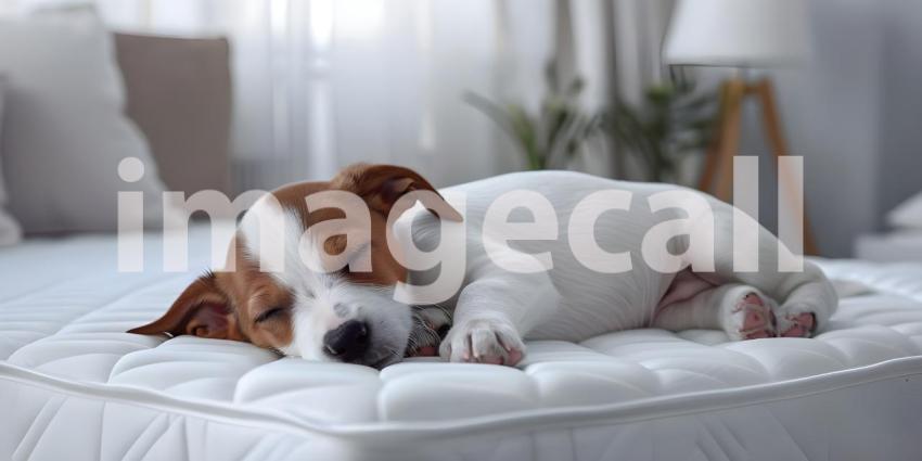 Puppy is sleeping on white mattress hotel room - Ai Generated