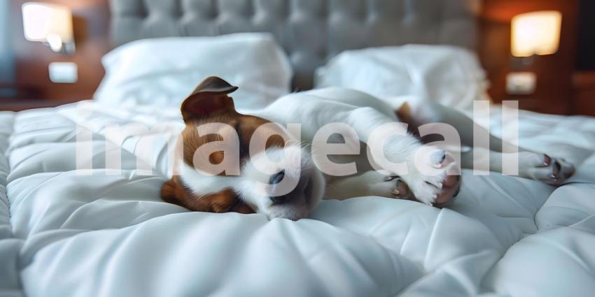 Puppy is sleeping on white mattress hotel room - Ai Generated
